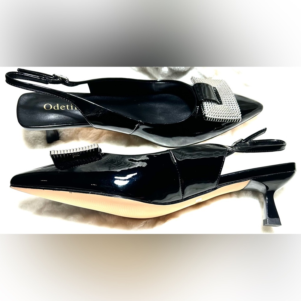 ODETINA  dressy black patent leather buckled kitten heel slingback size 8.5. NEW